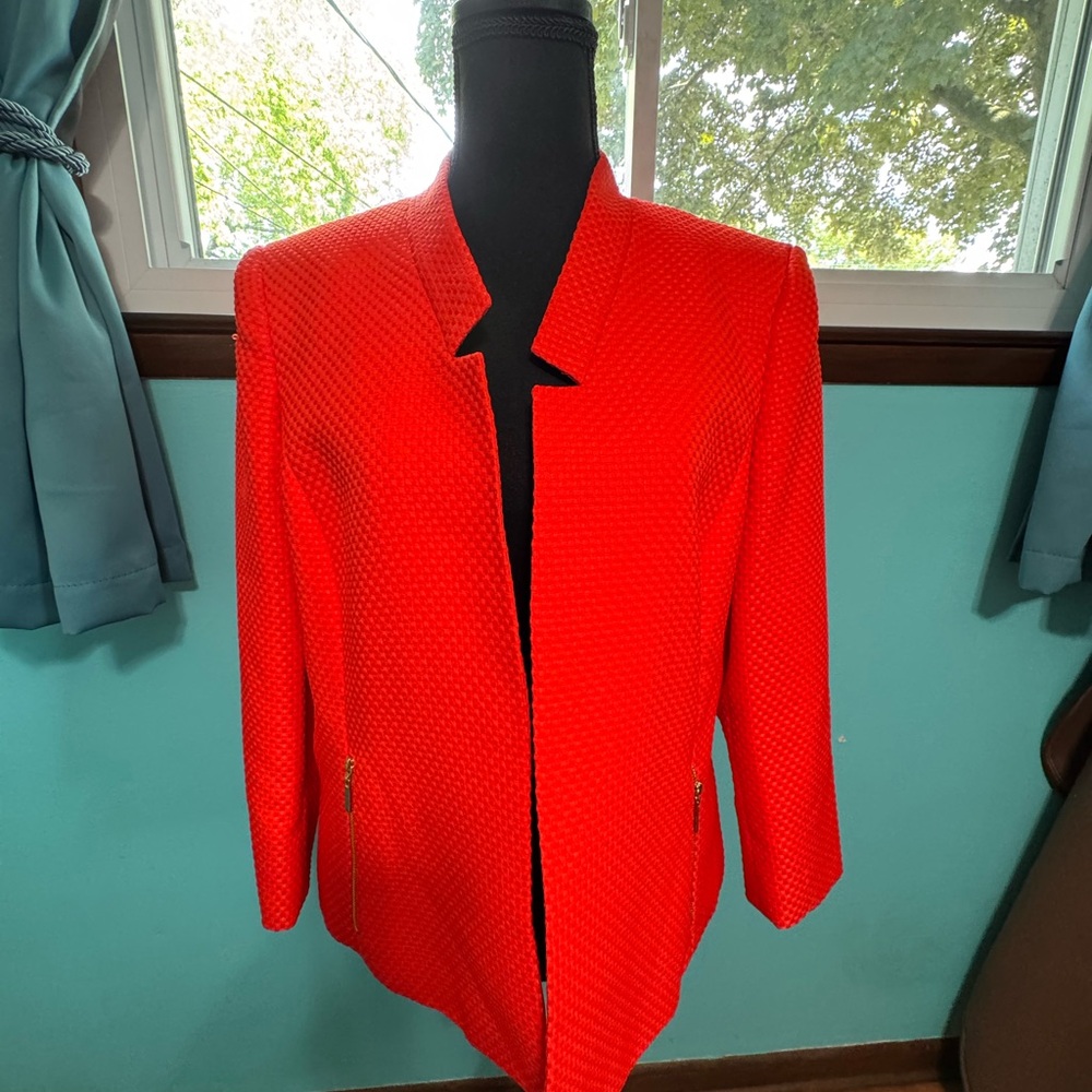 Kasper Orange Notched Lapel Open Front Textured Suit Jacket
